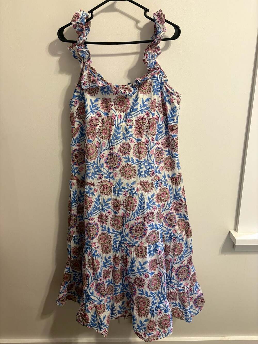J.Crew Ruffle Strap Tiered Midi Dress Floral, Size L Vacation Resortwear